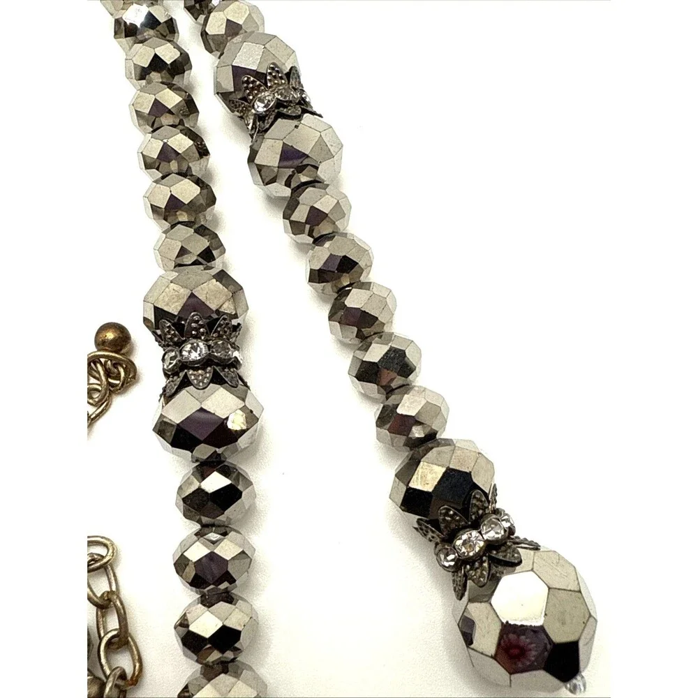 Vintage JOAN RIVERS Hematite Faceted Bead Lariat Necklace Rhinestone Accents 28